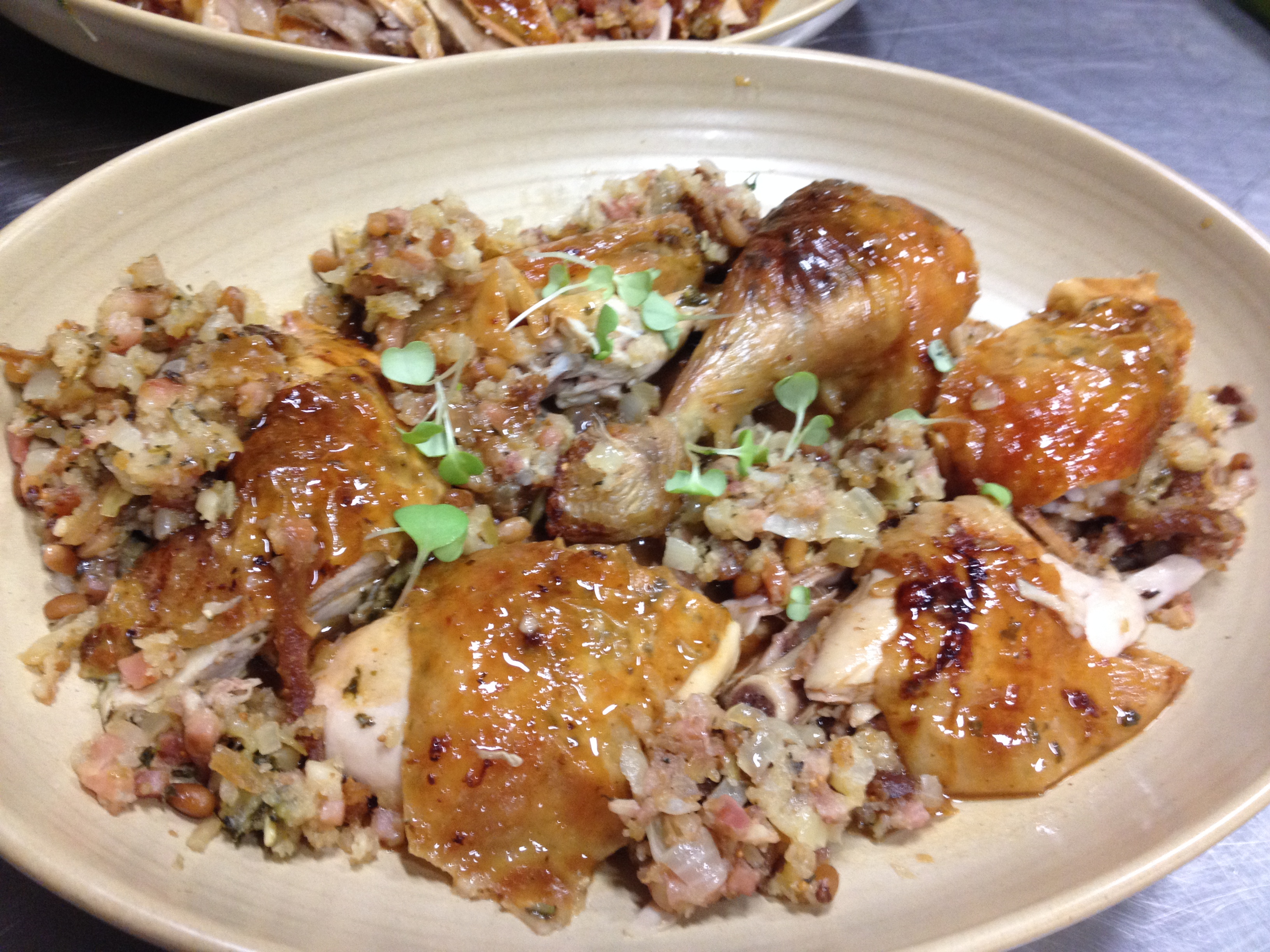 Chicken with Fig, Bacon, and Hazelnut stuffing.