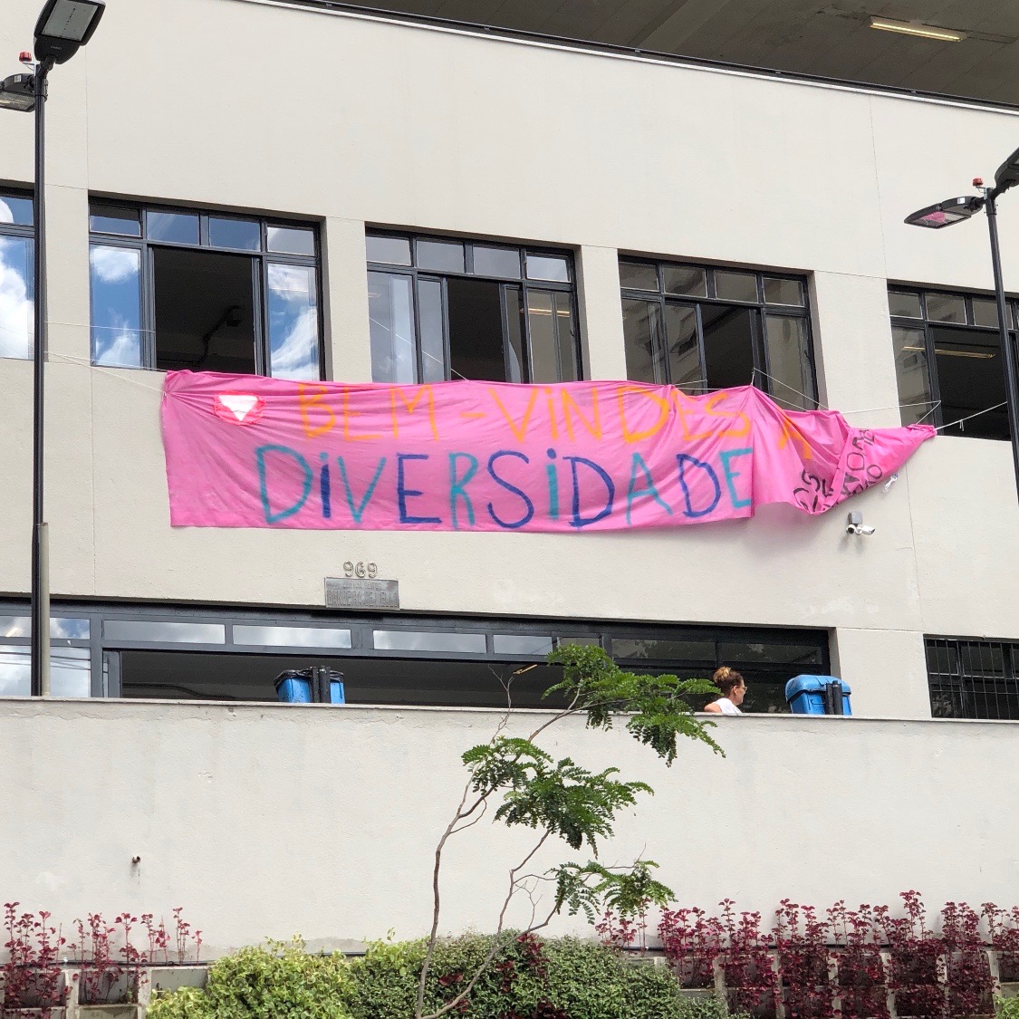 Banner reading diversity outisde of school on first day